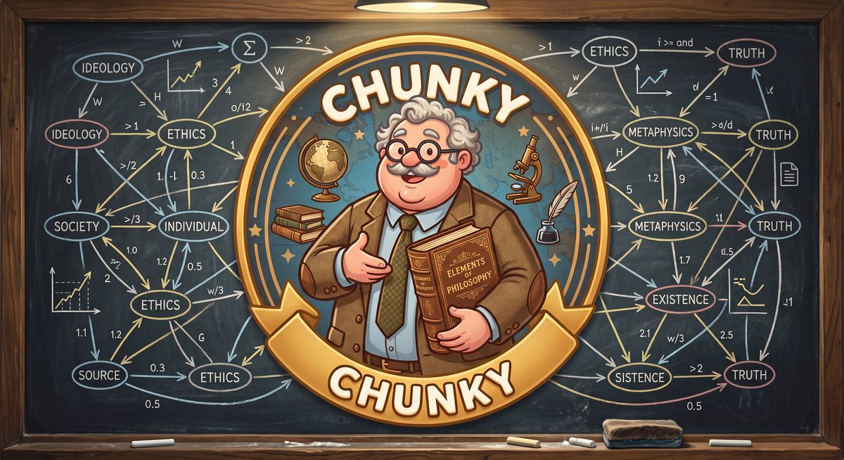 Chunky character on a chalkboard covered in interconnected nodes